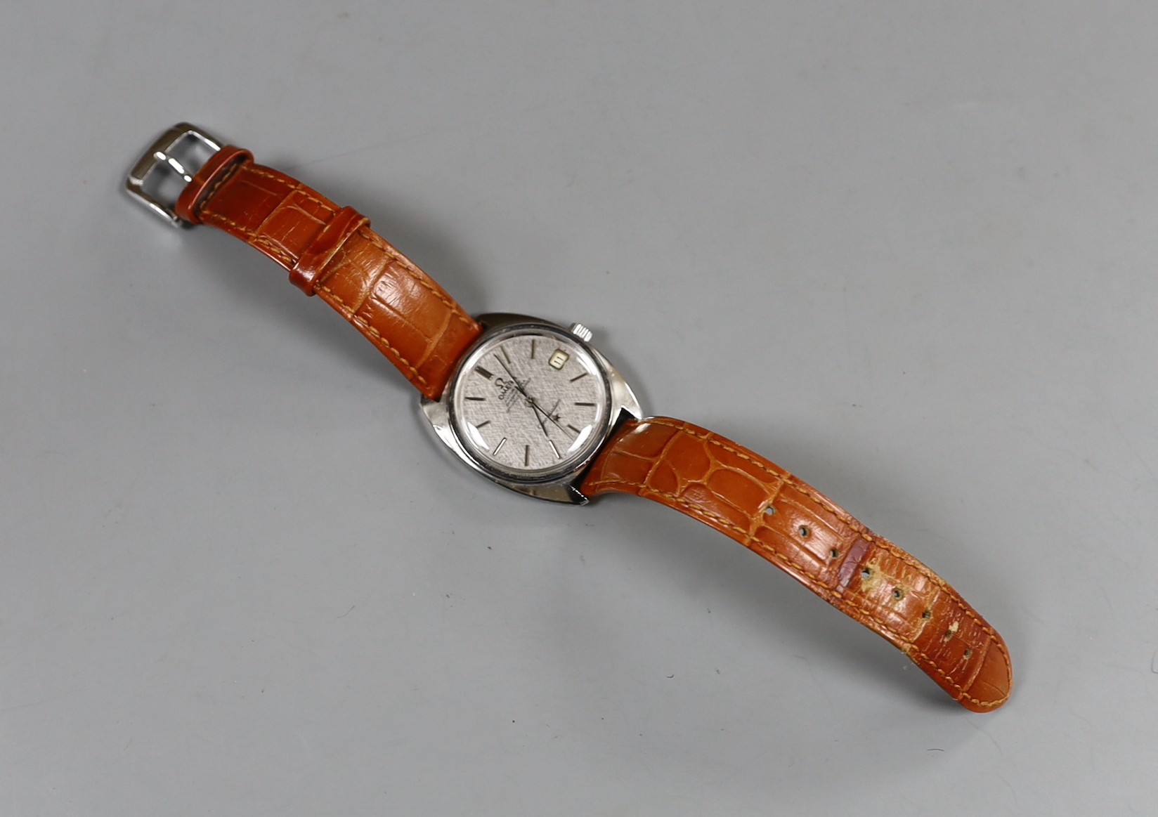 A gentleman's stainless steel Omega Constellation automatic wrist watch, with original box, on associated leather strap.